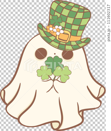 Groovy Retro St. Patrick Ghost, Cute Kawaii Hand Drawing 111602317