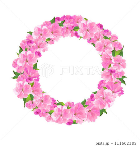 Spring wreath with cherry blossoms. Place for text. Hanami Festival. Blooming Sakura, Ume plum. Spring pink flowers. 111602385