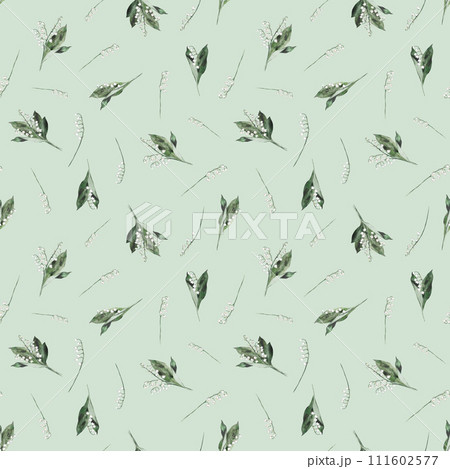 Floral pattern spring lily of the valley. Watercolor seamless background flowers. Cute Print for textile design or wallpaper. Hand drawn illustration with flowers, buds, leaves and stems. 111602577