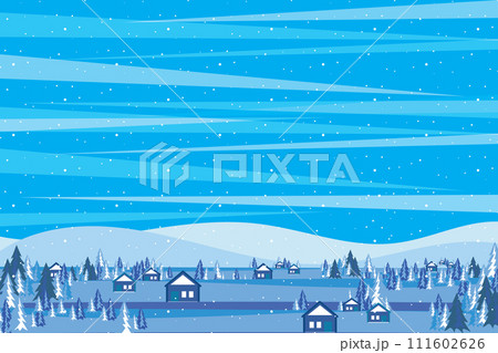 Illustration of the mountain and mini house and pine tree with snow fall. 111602626