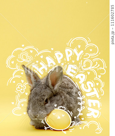 Creative design with bunny and decorated egg on yellow background with doodles. Promotional poster for Easter celebration 111602785