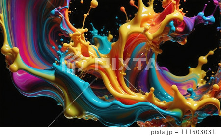 Close-up of a moving liquid in which different colors of the color spectrum mix very dynamically 111603031
