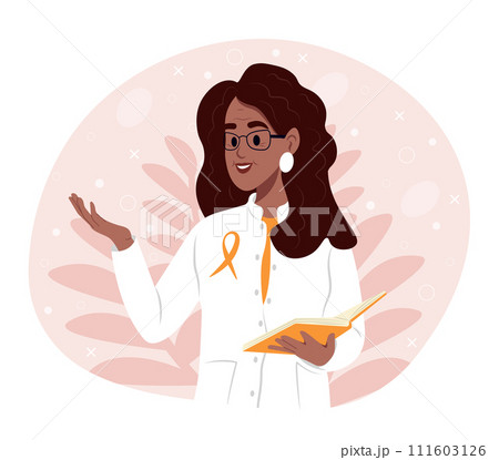 World Multiple Sclerosis Day. A female doctor in a white uniform with an orange awareness ribbon World Multiple Sclerosis Day. A female doctor in a white uniform with an orange awareness ribbon 111603126