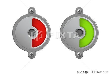 Toilet or restroom locks green and red round metal isolated on white. Occupied and Free. Regular public restroom door mechanism indicating. Vector 111603306