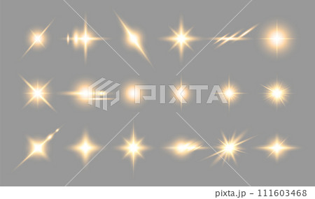 Transparent golden light effects on a gray background. A collection of various glowing sparks, stars. Transparent golden light effects on a gray background. A collection of various glowing sparks, stars. 111603468