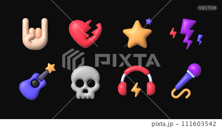 Rock and Roll 3D icon set, great design for any purposes. Included the icons as rocker, leather boy, concert, song, musician, heart, guitar and more. Vector illustration 111603542