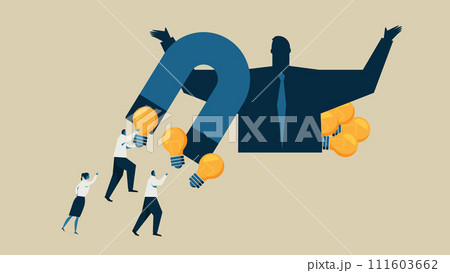 アイデアを独占するイメージ。磁石に拘束される電球と抵抗する人たちとそれを独占する人。 111603662