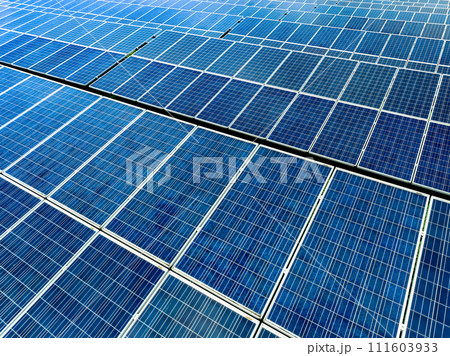 Aerial view of solar farm. Renewable energy for a sustainable future. Sustainable energy innovation. Solar energy. Clean power. Green technology.  Electricity generation. Photovoltaic power station. 111603933