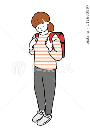 ランドセルを背負い下を向く女の子 ランドセルを背負い下を向く女の子 111603997