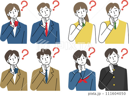 首をかしげる制服を着た男子学生と女子学生の上半身セット 111604050