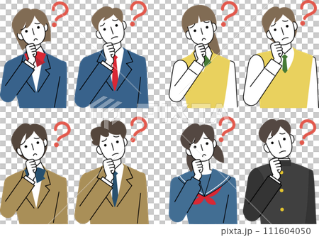 Upper body set of male and female students wearing uniforms tilting their heads Upper body set of male and female students wearing uniforms tilting their heads 111604050