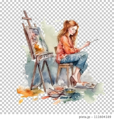 Stunning watercolor illustration featuring a girl painting on an easel with isolated paints. 111604189