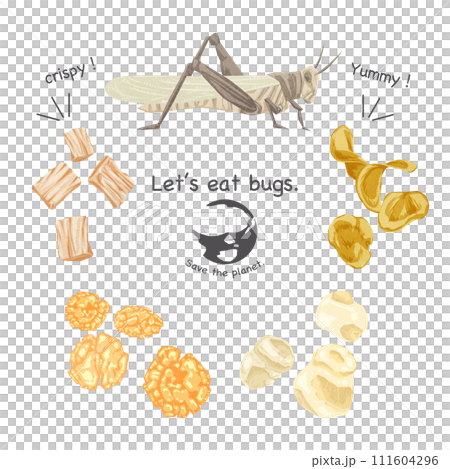 Hand-drawn watercolor style illustration of insect food snacks Hand-drawn watercolor style illustration of insect food snacks 111604296