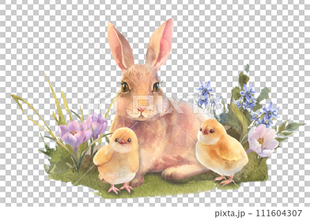 Watercolor peach rabbit is sitting in the grass.. Easter bunny with bouquet flowers and yellow chicken. Template for designs , card, wallpaper. Watercolor peach rabbit is sitting in the grass.. Easter bunny with bouquet flowers and yellow chicken. Template for designs , card, wallpaper. 111604307