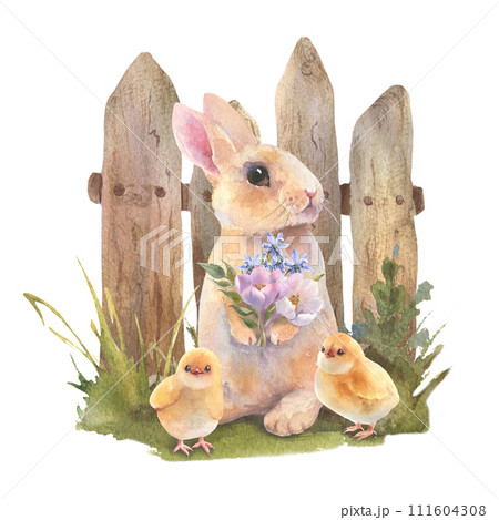 Watercolor little peach rabbit is sitting in the grass over wooden fence. Easter bunny with bouquet flowers and yellow chicken. Template for designs , card, wallpaper 111604308