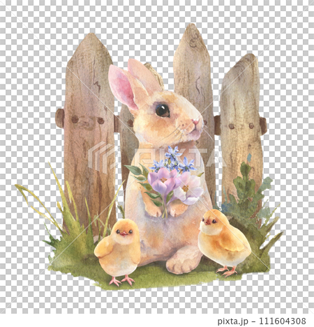Watercolor little peach rabbit is sitting in the grass over wooden fence. Easter bunny with bouquet flowers and yellow chicken. Template for designs , card, wallpaper 111604308