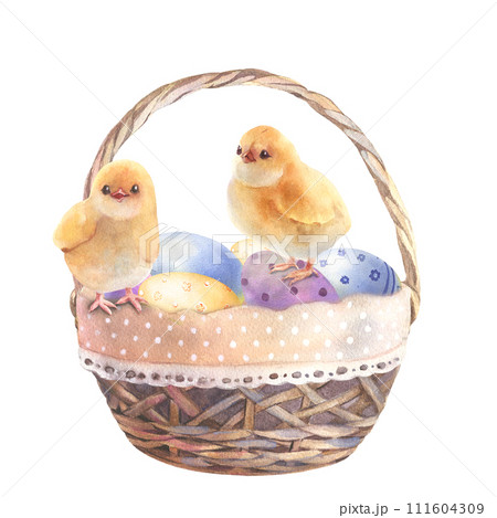 Happy Easter basket with colorful eggs and chicken, hand drawn watercolor illustration. Vintage style. Drawing on isolated white background for greeting cards or invitations Happy Easter basket with colorful eggs and chicken, hand drawn watercolor illustration. Vintage style. Drawing on isolated white background for greeting cards or invitations 111604309