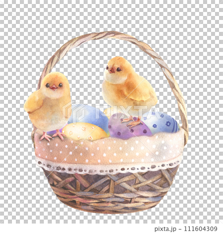 Happy Easter basket with colorful eggs and chicken, hand drawn watercolor illustration. Vintage style. Drawing on isolated white background for greeting cards or invitations Happy Easter basket with colorful eggs and chicken, hand drawn watercolor illustration. Vintage style. Drawing on isolated white background for greeting cards or invitations 111604309