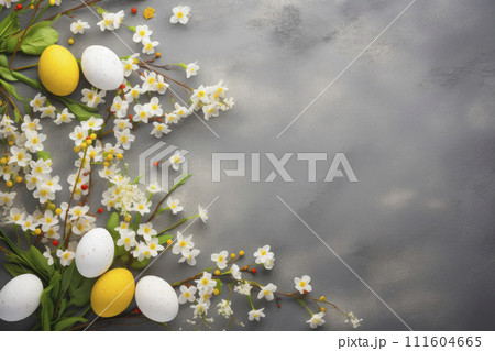Spring background with gold yellow Easter eggs and fresh flowers. copy space, space for text 111604665