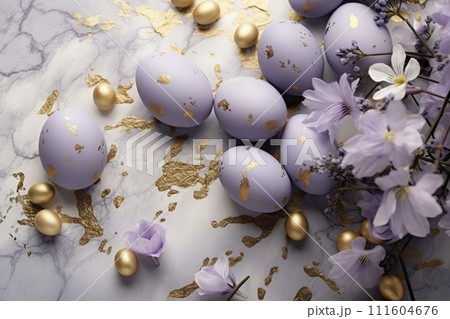 Spring background with gold lilac, purple Easter eggs and fresh flowers. copy space, space for text Spring background with gold lilac, purple Easter eggs and fresh flowers. copy space, space for text 111604676