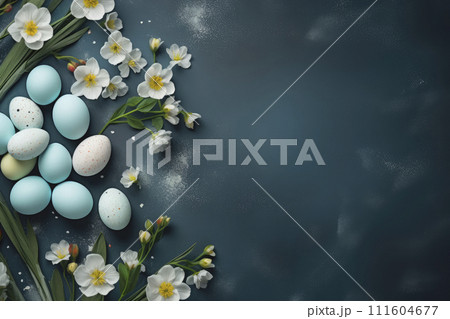 Spring background with gold blu Easter eggs and fresh flowers. copy space, space for text Spring background with gold blu Easter eggs and fresh flowers. copy space, space for text 111604677