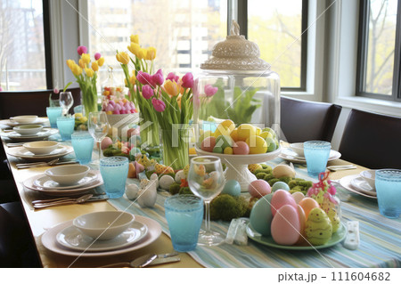 Easter festive spring table setting decoration, napkins, dyed eggs, cakes, flowers. Banner Easter festive spring table setting decoration, napkins, dyed eggs, cakes, flowers. Banner 111604682