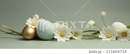 Spring background with gold green Easter eggs and fresh flowers. copy space, banner. 111604716