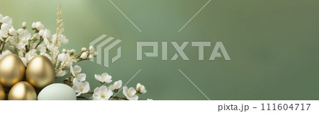 Banner, Spring background with gold green Easter eggs and fresh flowers. copy space, space for text 111604717