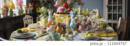 Easter festive spring table setting decoration, bunny napkins, dyed eggs, cakes, flowers. Banner Easter festive spring table setting decoration, bunny napkins, dyed eggs, cakes, flowers. Banner 111604747