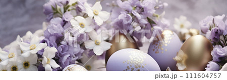 banner. Spring background with gold purple, lilac Easter eggs and fresh flowers. copy space, text banner. Spring background with gold purple, lilac Easter eggs and fresh flowers. copy space, text 111604757