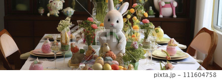 Easter festive spring table setting decoration, napkins, dyed eggs, cakes, flowers, banner 111604758