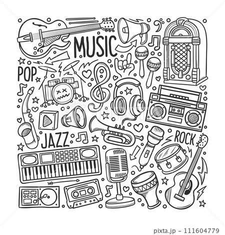 Hand drawn set of Music in Doodles 111604779