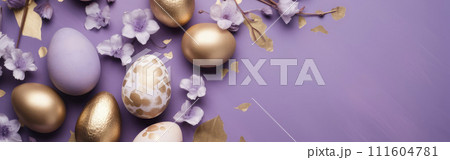 Spring background with gold purple, lilac Easter eggs and fresh flowers. copy space, space for text Spring background with gold purple, lilac Easter eggs and fresh flowers. copy space, space for text 111604781
