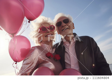 Portrait of romantic senior family. couple smiling mature people with gray hair in casual clothes. 111604804