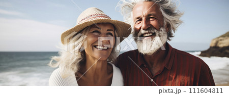 Banner. Portrait of romantic senior family. couple smiling mature people, gray hair, casual clothes. 111604811