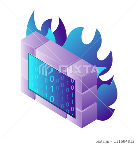 Isometric illustration web computer technology symbol digital firewall 111604812