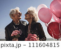 Portrait of romantic senior family. couple smiling mature people with gray hair in casual clothes. 111604815