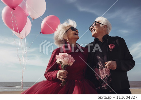 Portrait of romantic senior family. couple of happy mature people with gray hair in casual clothes. 111604827