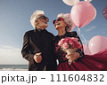 Portrait of romantic senior family. couple smiling mature people with gray hair in casual clothes. 111604832