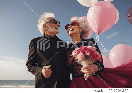 Portrait of romantic senior family. couple smiling mature people with gray hair in casual clothes. 111604832