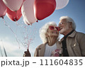 Portrait of romantic senior family 60 years old couple of happy smiling mature people with gray hair 111604835