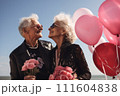 Portrait of romantic senior family. couple  smiling mature people with gray hair in casual clothes. 111604838
