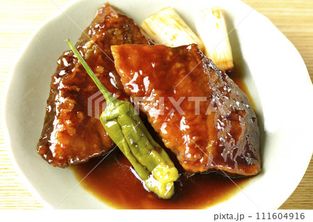 ブリの照り焼きと素揚げのししとうと長ねぎを俯瞰で撮影 ブリの照り焼きと素揚げのししとうと長ねぎを俯瞰で撮影 111604916