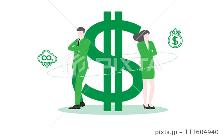 Environmental Goals in Sustainable Business Environment with a Confident Businessman and Businesswoman standing pose with Dollar symbol. Environmental Goals in Sustainable Business Environment with a Confident Businessman and Businesswoman standing pose with Dollar symbol. 111604940