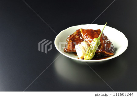 ブリの照り焼きと素揚げのししとうと長ねぎを黒背景で撮影 ブリの照り焼きと素揚げのししとうと長ねぎを黒背景で撮影 111605244