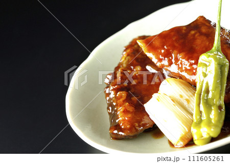 ブリの照り焼きと素揚げのししとうと長ねぎを黒背景で撮影 ブリの照り焼きと素揚げのししとうと長ねぎを黒背景で撮影 111605261