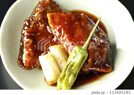 ブリの照り焼きと素揚げのししとうと長ねぎを黒背景で俯瞰撮影 ブリの照り焼きと素揚げのししとうと長ねぎを黒背景で俯瞰撮影 111605293