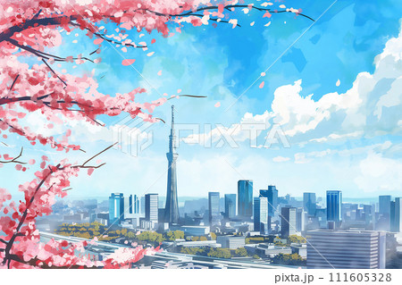 東京の街並み・水彩画・スカイツリー　　 111605328