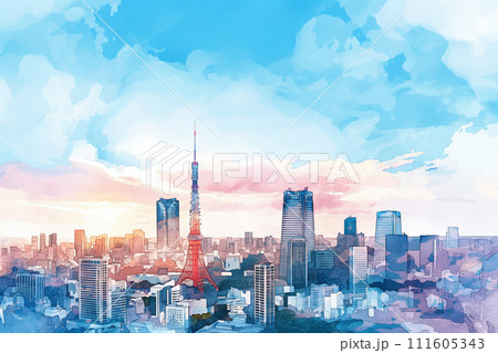 東京の街並み・水彩画・東京タワー 111605343