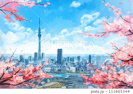 東京の街並み・水彩画・スカイツリー　　 111605344